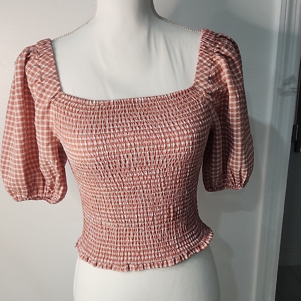BB Dakota Blush Checkered Smocked Blouse